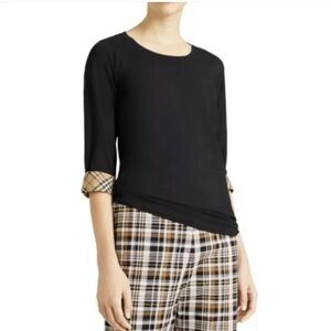 Burberry 3/4 Sleeve Black Top with Plaid Cuffs